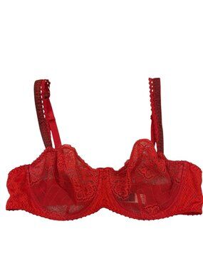 Aubade Paris Red Lace Underwire Bra Size 34E Adjustable Straps Hook & Eye Closur